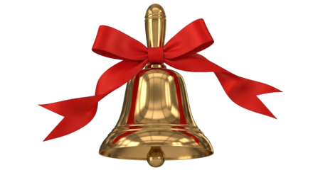 A shiny golden bell with a red ribbon bow, isolated on transparent background