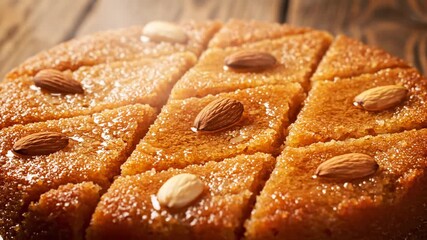 Egyptian basbousa semolina cake topped almonds cinematic UHD authentic Middle Eastern dessert lifestyle stock footage. oriental farina sweet treat almond garnish filmic ultra