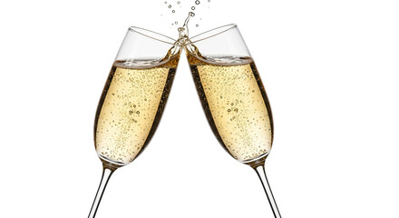 Two champagne glasses clinking together with bubbles and splash, isolated on transparent background