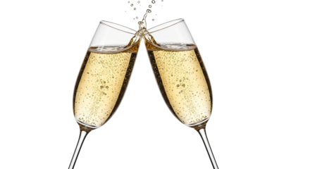 Two champagne glasses clinking together with bubbles and splash, isolated on transparent background