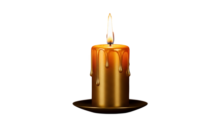 A single lit golden candle with dripping wax, isolated on transparent background