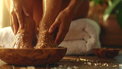 Close-up of a person enjoying a relaxing foot spa treatment with exfoliating scrub and bath salts in a wooden bowl, surrounded by a soft, warm ambiance.