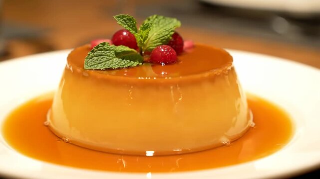 Filipino leche flan custard dessert caramel topping cinematic UHD authentic Asian dessert lifestyle stock footage. philippines baked egg pudding sugary glaze filmic ultra high