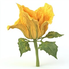 Fototapeta premium A stunning yellow flower with intricate textures, showcasing bright petals and lush green leaves against a white background.