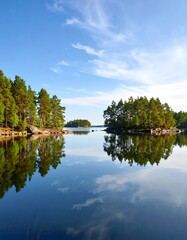 Serene lake landscape with mirrored sky