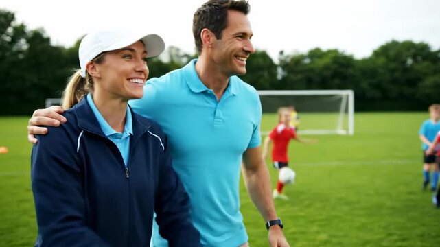 Parents cheering while daughter plays soccer match cinematic UHD family lifestyle stock footage. ecstatic guardian support compete football game loving kin ultra high