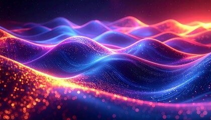 An abstract, vibrant illustration depicts undulating waves of glowing lines and particles. Warm orange light transitions into cool blue, suggesting energy flow