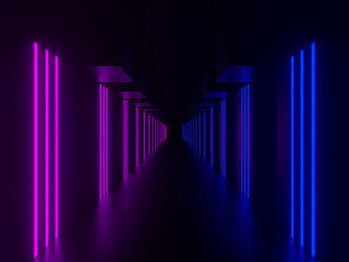 3D purple and blue neon tunnel. Black corridor with neon lights