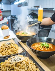 Steaming bowls of noodles being prepared