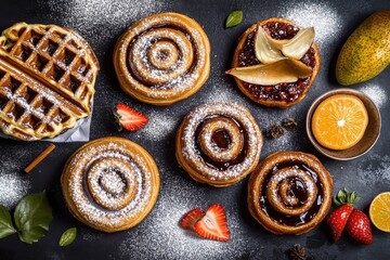 Fototapeta premium Delicious assortment of pastries including cinnamon rolls and waffles, beautifully arranged with fresh fruit and powdered sugar.
