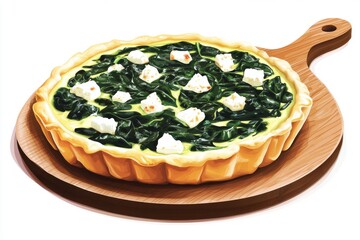 Delicious spinach and feta tart served on a wooden platter, perfect for a healthy meal or snack.