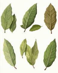 Collection of various bay leaves showcasing different shapes and shades of green.