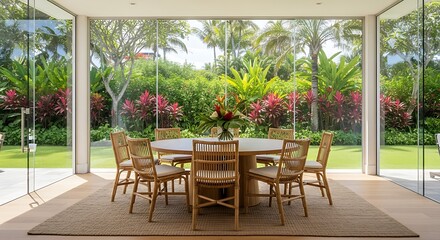 Fototapeta premium Bright Dining Room with Garden View Elegant interior featuring a round table surrounded by nature