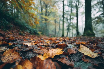 Fallen autumn leaves covering forest floor with blurred trees. High quality