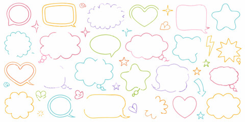 Collection of hand drawn speech bubbles and shapes in various pastel colors on white background