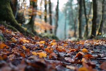Fallen autumn leaves covering forest floor with blurred trees. High quality