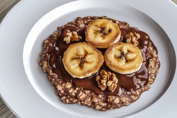 Delicious dessert featuring caramelized bananas on oatmeal with rich chocolate sauce and crunchy walnuts.