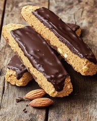 Delicious chocolate-covered biscotti on rustic wooden surface, perfect for coffee breaks or sweet snacking.
