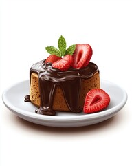 A sumptuous chocolate cake topped with fresh strawberries and a sprig of mint, served on a white plate.