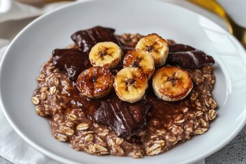 A delicious bowl of chocolate oatmeal topped with caramelized bananas and chocolate pieces, showcasing a rich, inviting breakfast.