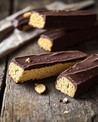 Delicious chocolate-coated biscuit bars with a crunchy texture resting on a rustic wooden table.