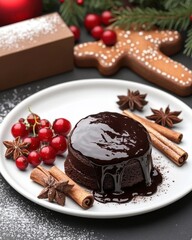 A decadent chocolate cake drizzled with rich ganache, surrounded by festive decorations and spices, creating a holiday delight.