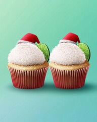 Festive cupcakes topped with coconut and lime, wearing Santa hats for a cheerful holiday treat.