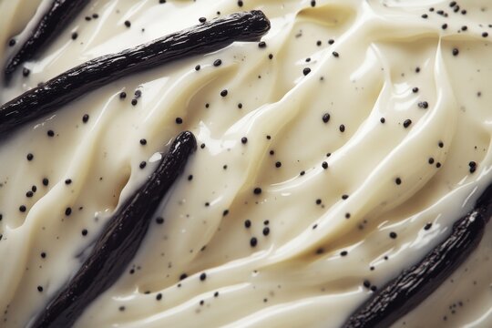 A close-up of creamy vanilla frosting swirled with black vanilla bean specks and whole beans, creating a rich texture.