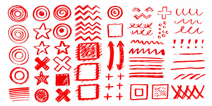 Collection of hand drawn red graphic elements and symbols on white background