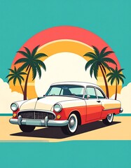 Vintage Car on Beach Sunset.