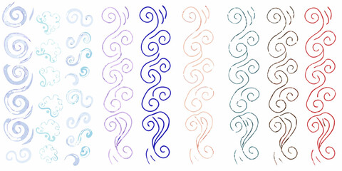 Collection of abstract swirling lines and cloud shapes in various colors and textures