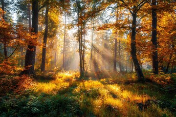 Fototapeta premium Autumn forest landscape. Colorful foliage on trees and grass shining on sunbeams. Amazing woodland. Scenery fall. Beautiful sunrays in morning forest. High quality