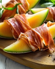Sliced cantaloupe wrapped in prosciutto on a wooden board, creating a delicious and refreshing appetizer.