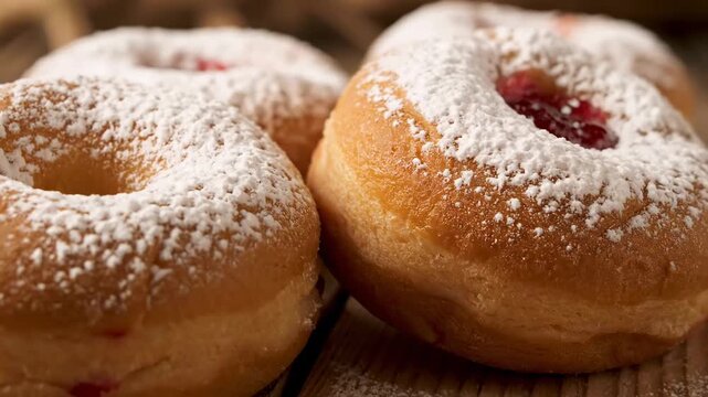 Close up Polish paczki doughnuts filled fruit jam cinematic UHD handheld European dessert lifestyle stock video. polish pastry fruity preserve handheld ultra high