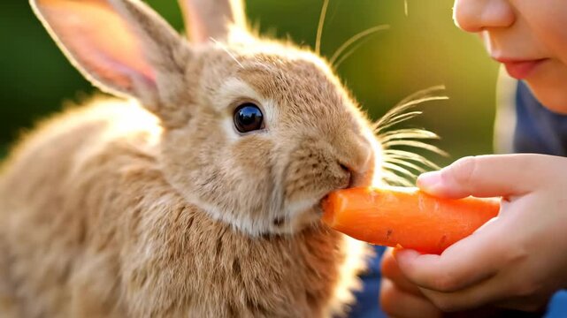 Close up rabbit chewing carrot held small child cinematic UHD handheld pet bonding lifestyle stock video. bunny munching veggie infant embrace handheld footage domestic animal