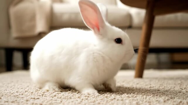 Close up rabbit hopping living room carpet cinematic UHD handheld indoor pet lifestyle stock video. bunny prance parlor rug filmic ultra high definition portable domestic creature