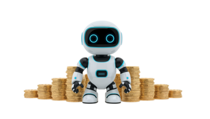Friendly artificial intelligence robot stands amidst growing stacks of gold coins, symbolizing financial technology, wealth accumulation, and smart investment strategies