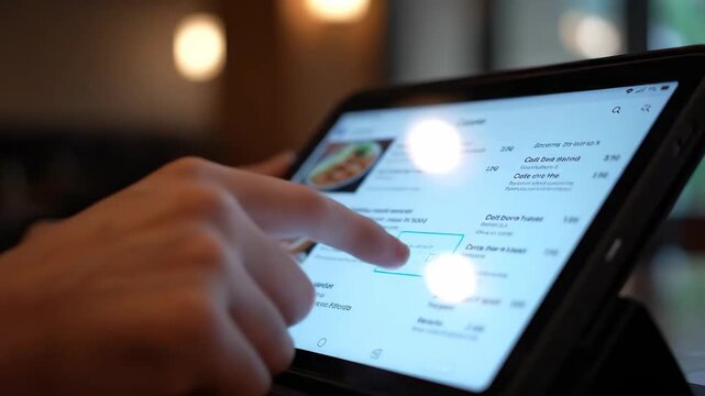 Close up restaurant tablet screen showing digital tipping option cinematic UHD handheld smart dining lifestyle stock video. eatery tab display electronic gratuity choice high definition