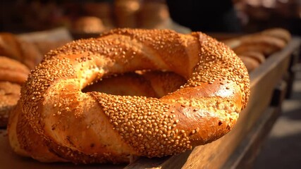 Close up Turkish simit bread rings topped sesame seeds cinematic UHD handheld Middle Eastern street food stock video. oriental bagel sprinkled grain filmic ultra high - Powered by Adobe