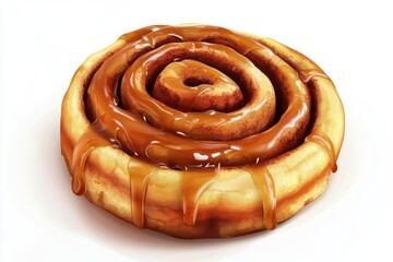 Fototapeta premium Delicious warm cinnamon roll drizzled with creamy caramel sauce, perfect for a sweet treat.