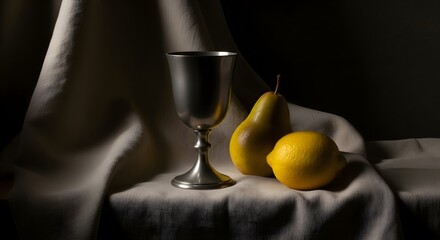 Elegant Metal Goblet with Ripe Pear and Lemon Still Life Composition Isolated on White © Luz