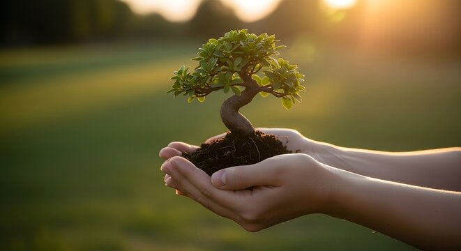 Hands holding a small bonsai tree in rich soil with warm sunlight on green blurred background representing growth and nature