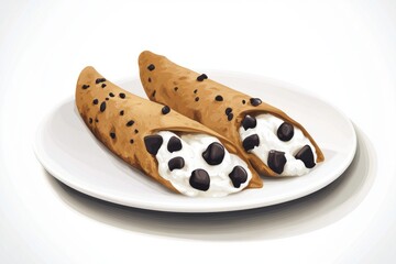 Delicious cannoli filled with sweet ricotta and dotted with chocolate chips on a white plate.
