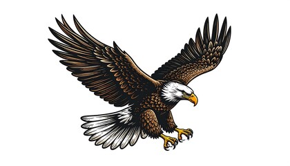 Obraz premium A powerful bald eagle soars through the air, its wings outstretched in a dynamic display of freedom and strength.