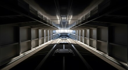 Perspective view inside industrial metal tunnel structure with dramatic light and shadow patterns
