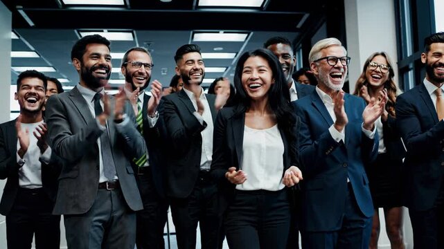 A diverse group of professionals applauding in an office setting, captured from a side angle. The video conveys teamwork and success.