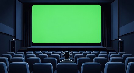 Fototapeta premium Solitary Figure in Dark Cinema Hall Gazing at a Bright Green Screen