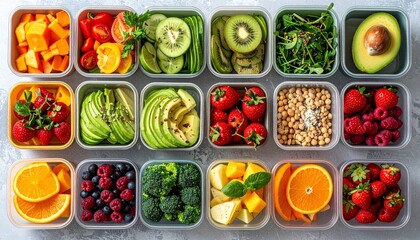 Generated Image: Flat lay of colorful healthy meal prep containers with fresh veggies and fruits.