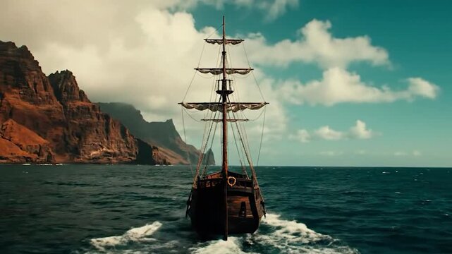 Epic Drone Shot Tracking a Historic Caravel on a Voyage Along a Majestic Volcanic Coastline
