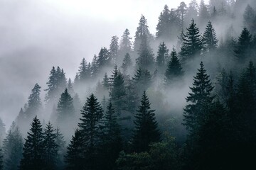 Obraz premium Dark forest covered with fog. High quality